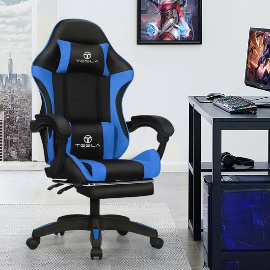 כיסא גיימינג כולל כרית עיסוי והדום נפתח לרגליים דגם 7008 מבית Tesla - צבע כחול