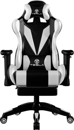 432997_b_1.jpg כיסא גיימינג דגם Tesla 7051 בצבע לבן־שחור עם כרית עיסוי חשמלית והדום נפתח