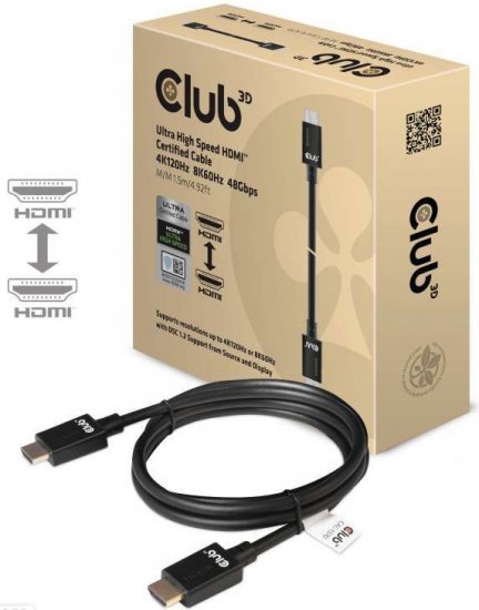 כבל HDMI 2.1 4K120Hz / 8K60Hz UHD / 3D זכר באורך 1.5 מטר Club3D Ultra High Speed CAC-1370