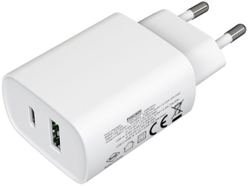 מטען קיר 20W עם כניסות USB-Type C + USB-A מבית Power-Tech - צבע לבן