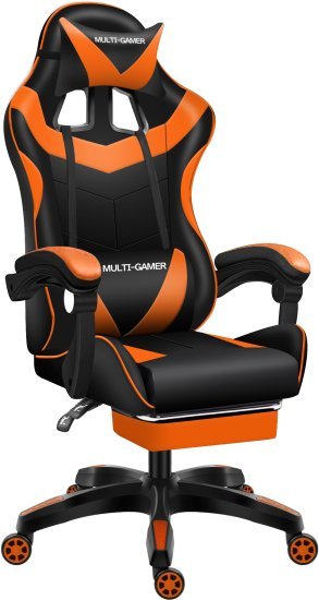 כיסא גיימרים כולל כרית עיסוי חשמלית (חיבור USB) והדום נפתח לרגליים ''מולטי גיימר'' מבית Multi Garden - צבע כתום
