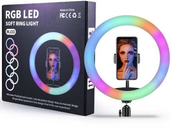 טבעת תאורת לד לסלפי צבעונית ניתנת לעמעום קוטר 33 ס''מ כולל מעמד ובקר דגם Power-Tech - MJ33