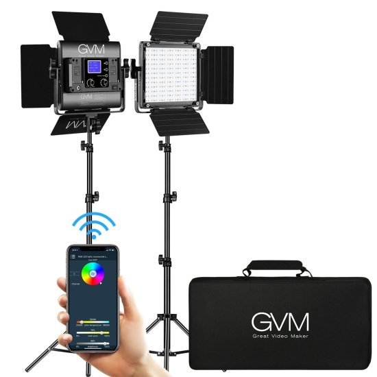 זוג פנסי לד RGB דגם 800D-2L מבית GVM + סטנדים ותיק נשיאה