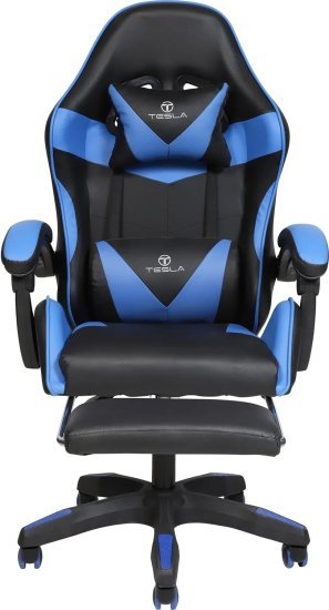 כיסא גיימינג כולל הדום לרגליים וכרית עיסוי חשמלית דגם 7038 מבית Tesla - צבע כחול