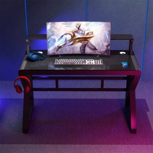 435881_b_1.jpg שולחן גיימינג עם משטח זכוכית ברוחב 100 ס''מ כולל מדף עליון ומתלה לאוזניות דגם RSM-1059 מבית Rosso Italy - צבע שחור