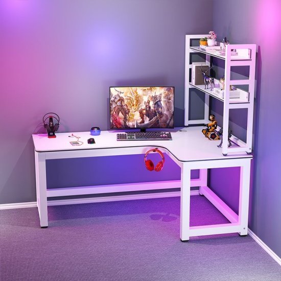 שולחן גיימינג פינתי ימין ברוחב 120 ס''מ כולל מדפים עליונים ומתלה לאוזניות דגם RSM-2133 מבית Rosso Italy - צבע לבן