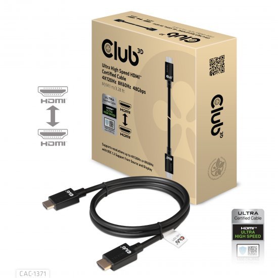 כבל HDMI 2.1 4K120Hz / 8K60Hz UHD / 3D זכר באורך 1 מטר Club3D Ultra High Speed CAC-1371